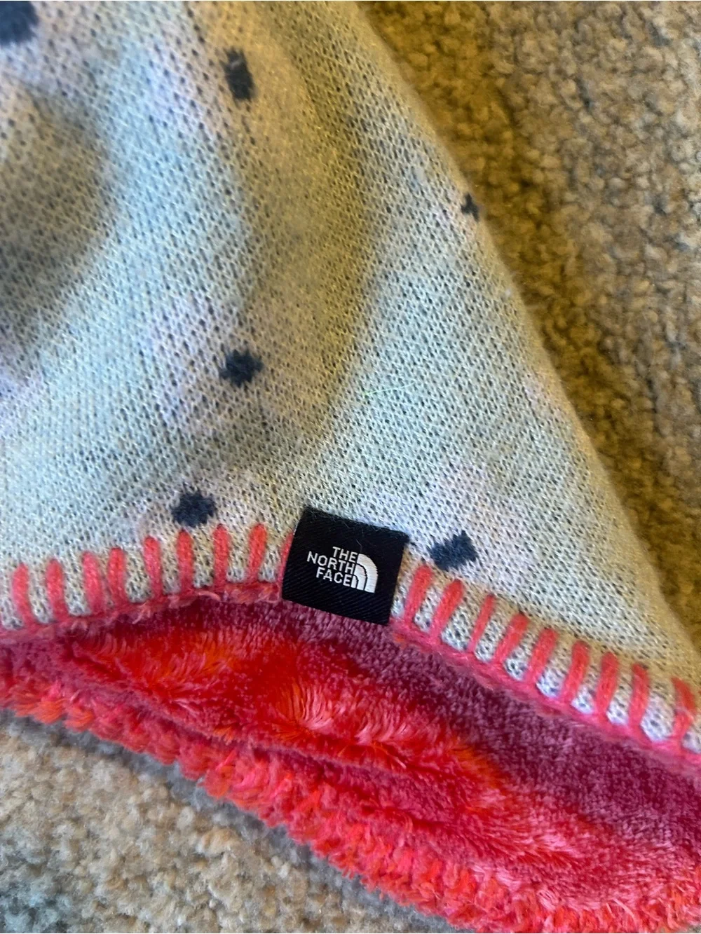 The North Face Light Blue Knit Kids Pom Beanie with Pink Trim